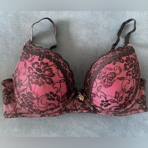 PLAYBOY Pink and Black Lace Push-Up Bra